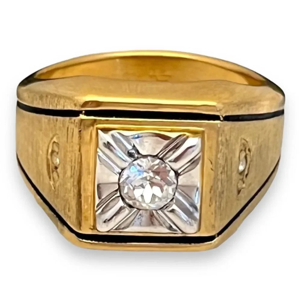 Vintage 1970s Ring Size 12 Uncas CZ Square Bezel Textured Gold Plated - 14O